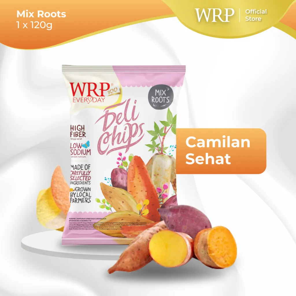 WRP Delichips Mix Roots 120 g Camilan keripik renyah yang terbuat dari campuran umbi-umbian asli, yakni ubi kuning, ubi madu, ubi ungu, ubi kayu (singkong), dan talas, sehingga kaya serat. Cocok dinikmati sebagai camilan diet bagi para pecinta camilan asin dan gurih. Meskipun rasanya asin dan gurih, Delichips Mix Roots tidak menggunakan MSG dan rendah natrium. WRP Delichips Mix Roots memiliki beberapa keunggulan: Terbuat dari umbi-umbian asli - ubi kuning, ubi madu, ubi ungu, singkong, & talas Tanpa penguat rasa (MSG) Rendah natrium - mengurangi risiko hipertensi (tekanan darah tinggi) Tinggi serat - memberi rasa kenyang lebih lama Rasanya gurih dan renyah Takaran saji: 20 g, 1 bungkus untuk 6 sajian Penyajian: Langsung dimakan Anjuran konsumsi: Konsumsi 2-3 sajian sehari, bisa dikonsumsi kapan pun, terutama di waktu snacking